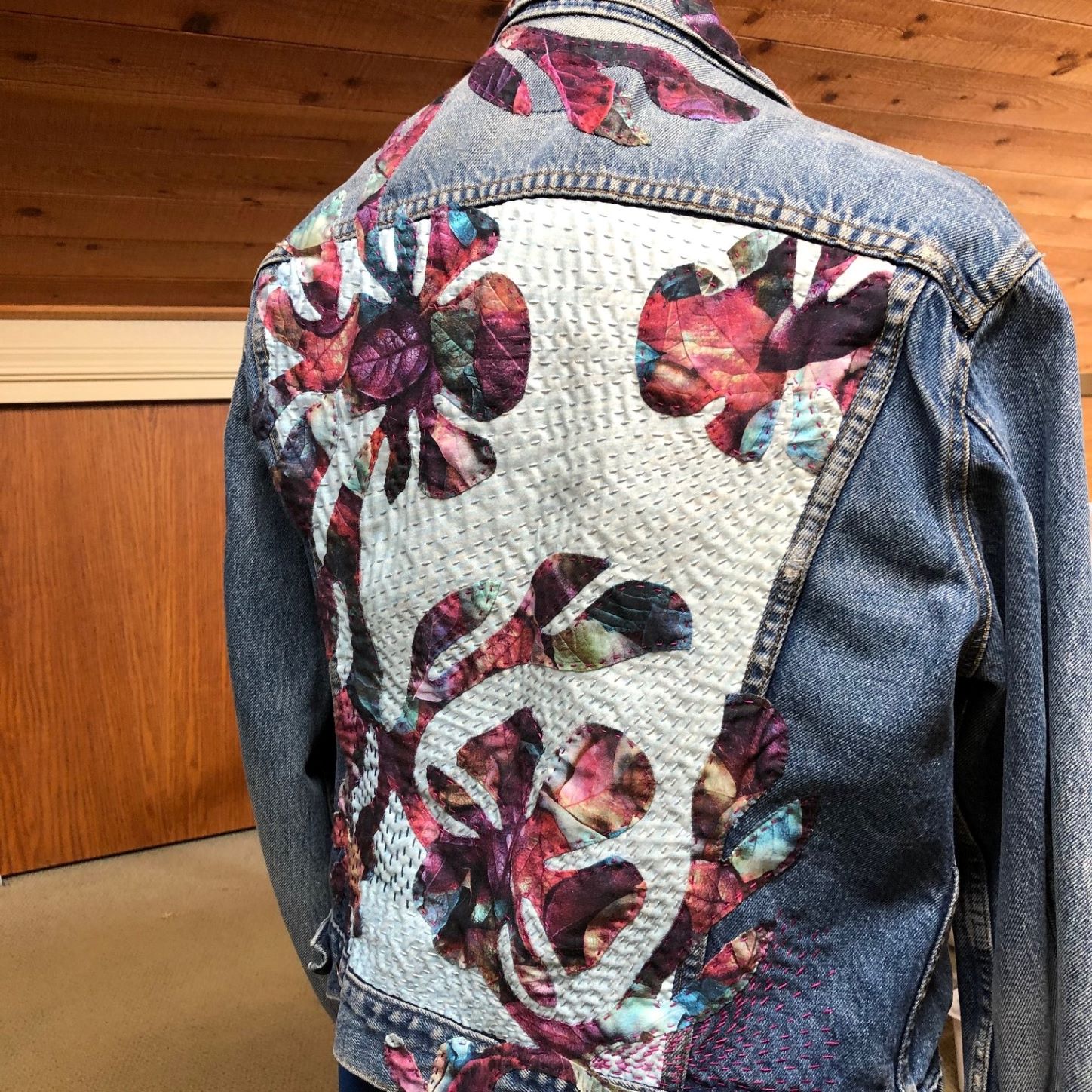 jean jacket using a hawaiian quilt and sashiko stitching